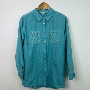 Soft Surroundings Teal Linen Coastal Cowgirl Button‎ Down Shirt Women’s M Lace